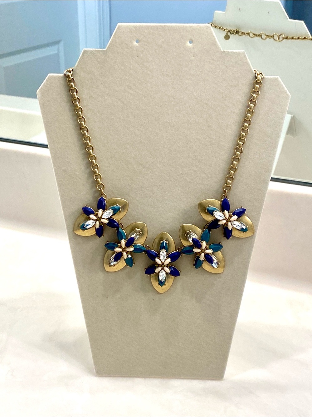 J. Crew Gold Floral Necklace with Blue and Teal Petals